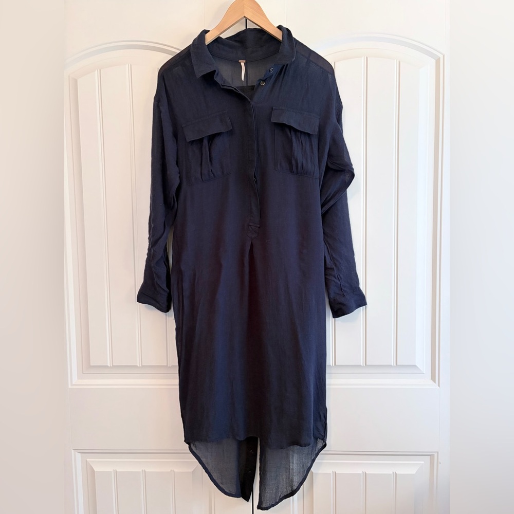 Free‎ People Women's Navy Blue Long Sleeve Lined Shirt Dress Size Small